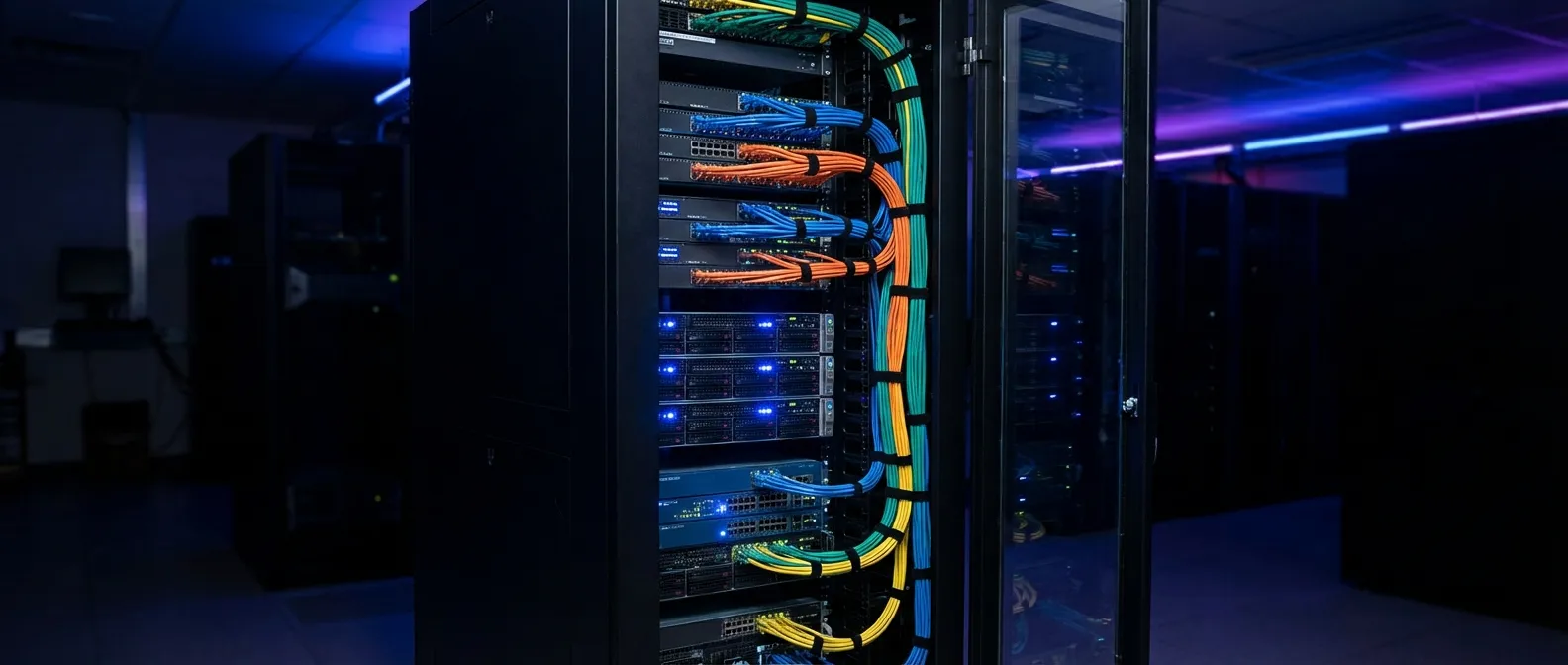 ארון תקשורת מסודר עם כבילה מקצועית